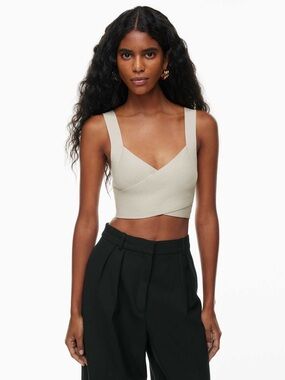Aritzia Babaton Sculpt Knit Greek Tank Cream Cross-Front Crop Top